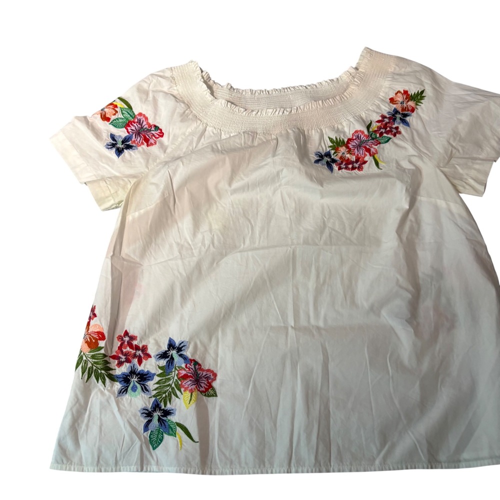 Talbots Embroidered Blouse Womens L White Floral Smocked Off Shoulder Cotton